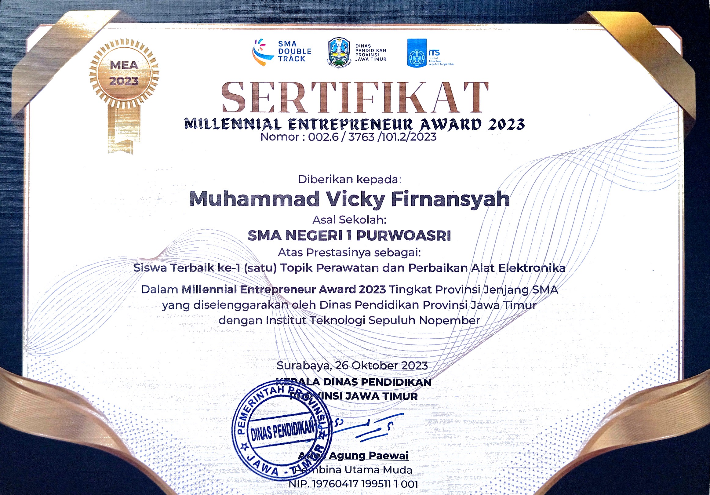 Millennial Entrepreneur Award Certificate
